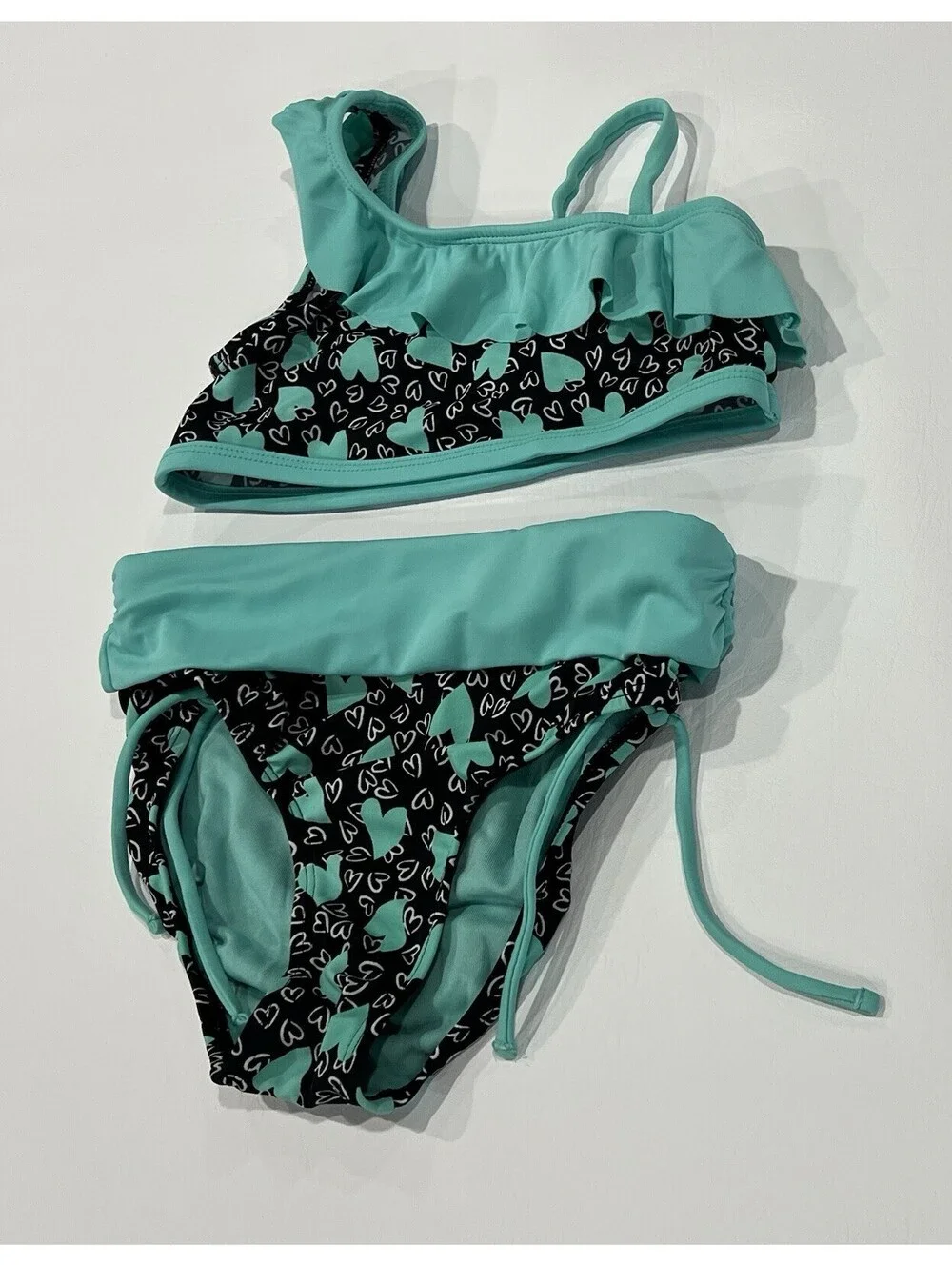 JUSTICE GIRLS 2 PIECE SWIMSUIT SIZE 10 TEAL BLACK HEARTS